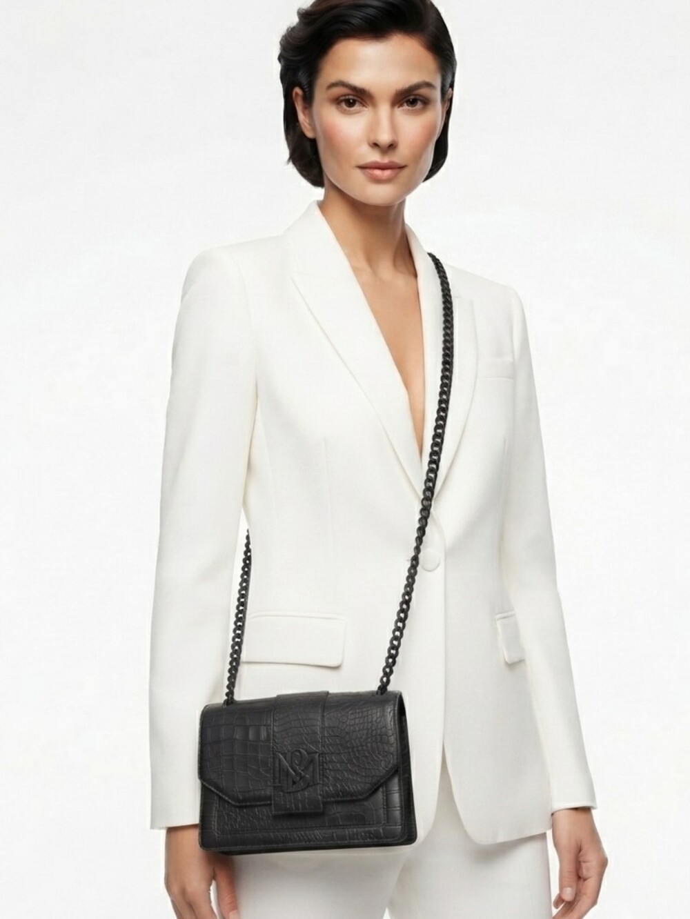 Badgley Mischka Black Croc-Embossed Chain Strap Vegan Leather Shoulder Bag
